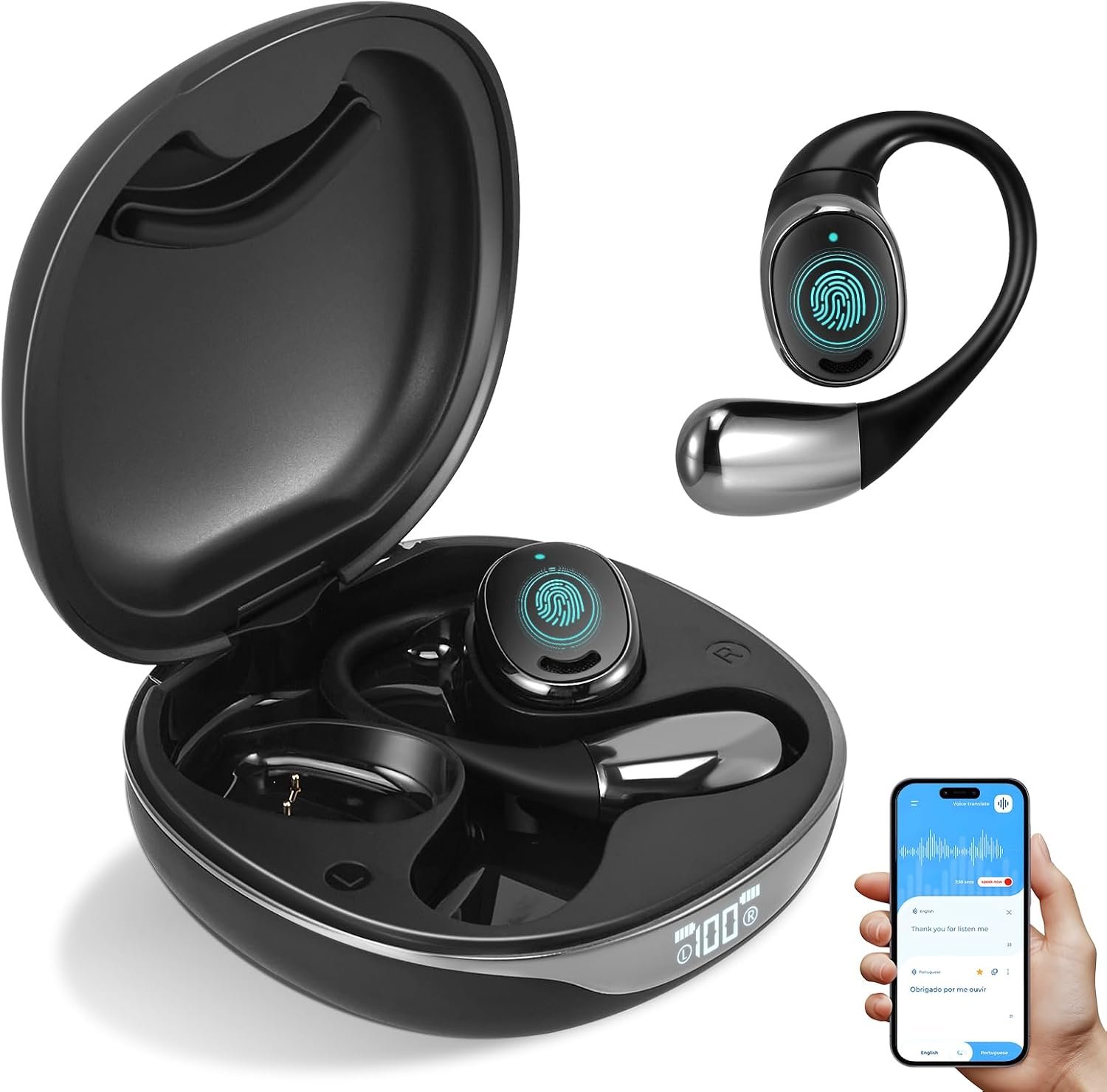 AI Traducteur Casque avec traduction en temps réel en 144 langues, casque Bluetooth avec son stéréo HD, réduction du bruit ENC, autonomie de 40 h, étanchéité IPX7 pour les voyages et les affaires