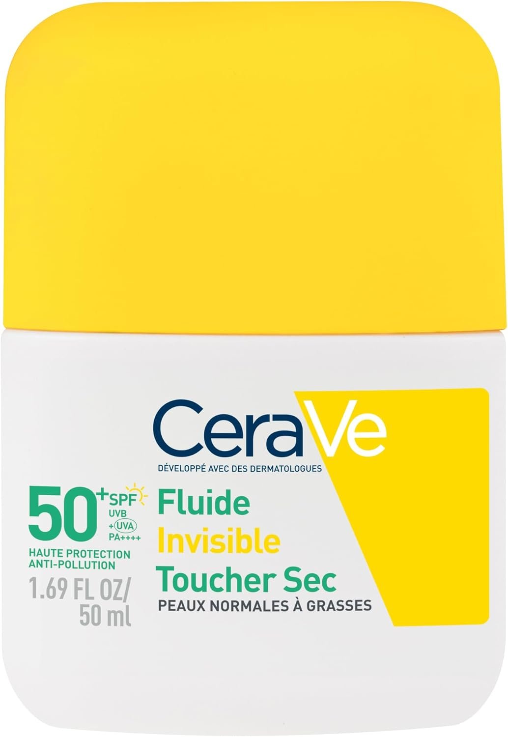 CeraVe, Fluide Invisible Toucher Sec SPF 50+, Très Haute Protection Solaire Visage, Peaux Normales à Grasses, Matifiant 12H, Sans Traces Blanches, Base Maquillage, Niacinamide et Vitamine E