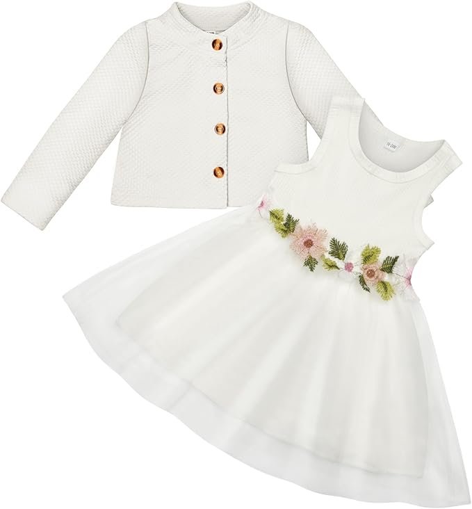 Robe et Cardigan pour Bébé Fille, 2 Pièces Robe sans Manches à Imprimé Floral et Manteau à Manches Longues