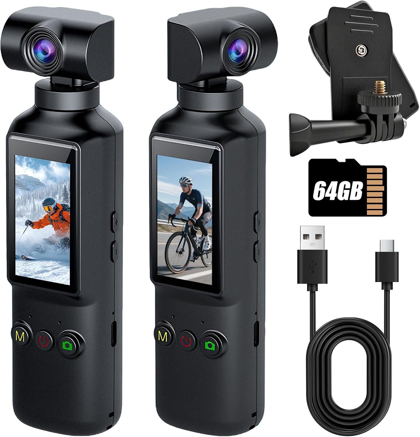 Caméra Action 4K avec Objectif Rotatif à 270°,Caméra Sport Wi-FI,Écran IPS de 1,99 Pouce, Batterie De 1000 Mah, Carte Mémoire de 64 Mo,Clip pour Sac à Dos, Idéale pour La Randonnée, Les Vlogs