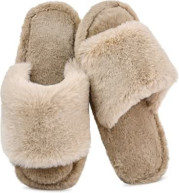 Sandales à bout ouvert pour femme - En peluche douce - Pantoufles floues - Mousse à mémoire de forme