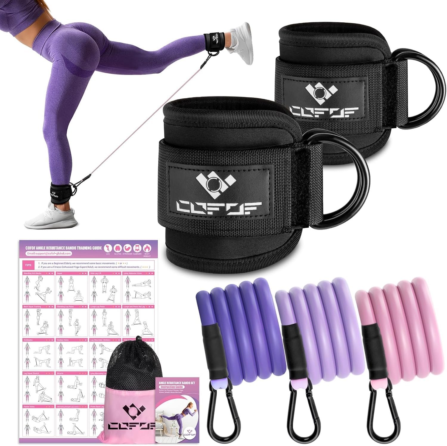 Ankle Resistance Bands with Cuffs, Leg Exercise Equipment with Poster Black