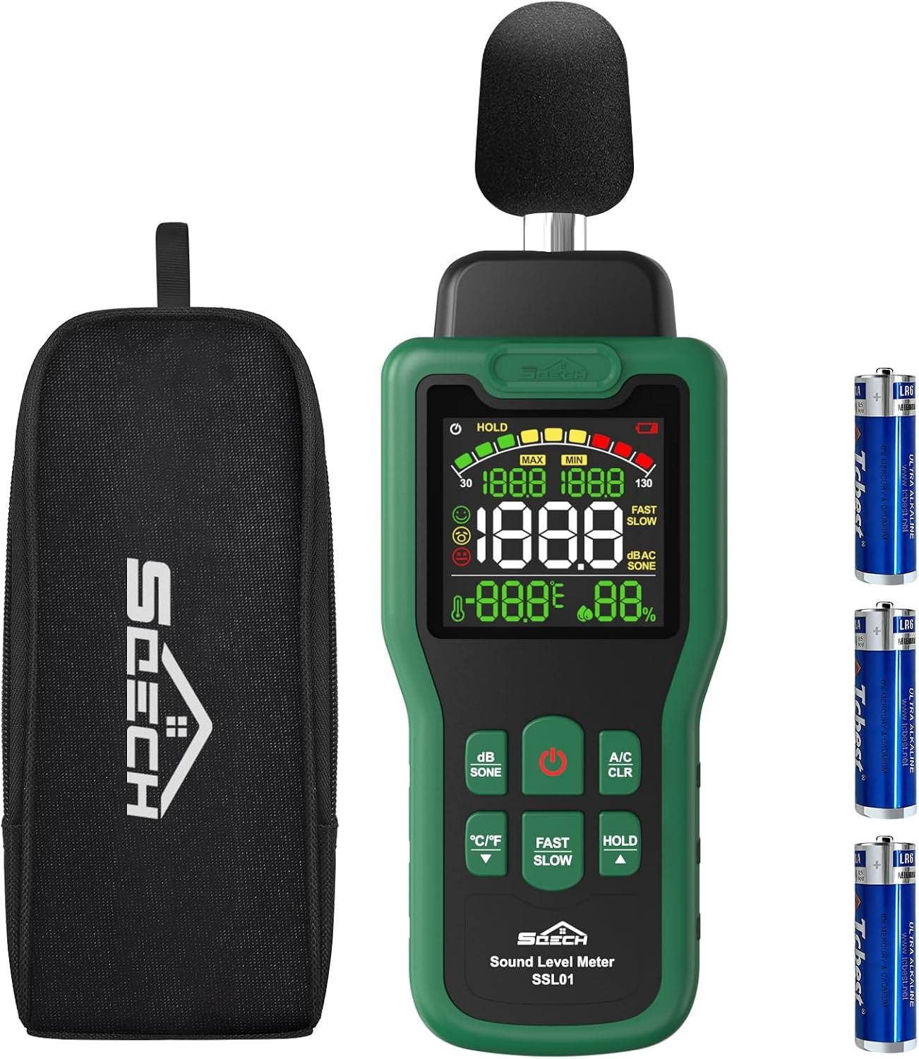 Sonomètre, Decibelmetre SQECH qui Peut Mesurer la Température et l’Humidité Appareil Decibel à écran Rétroéclairé Couleur, Pondération A/C, Unités dB/SONE, Réponse Rapide/Lente, 30–130dB