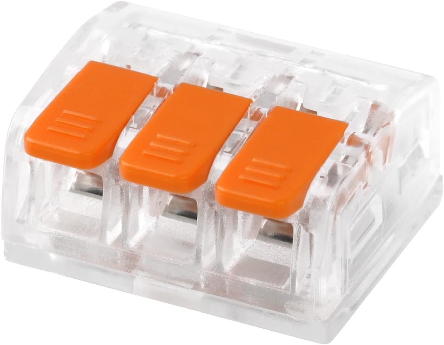 Bornes de Connexion à Levier 3 Entrées 100 Pièce - Connecteurs Électriques Rapides et Compacts pour Tous Types de Fils (0,2-4 mm²), Bornes de Raccordement Réutilisables, Transparent/Orange