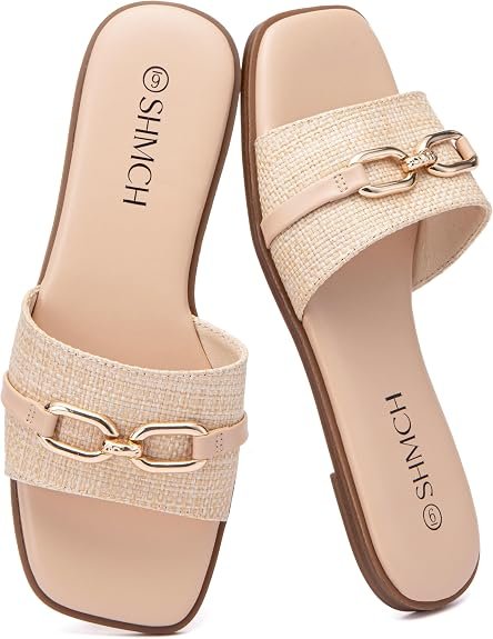 Sandales coulissantes en cuir pour femmes avec détails en chaîne, plage d'été ouverte à l'orteil glissant sur le pantoufle, chaussures plates élégantes pour les femmes
