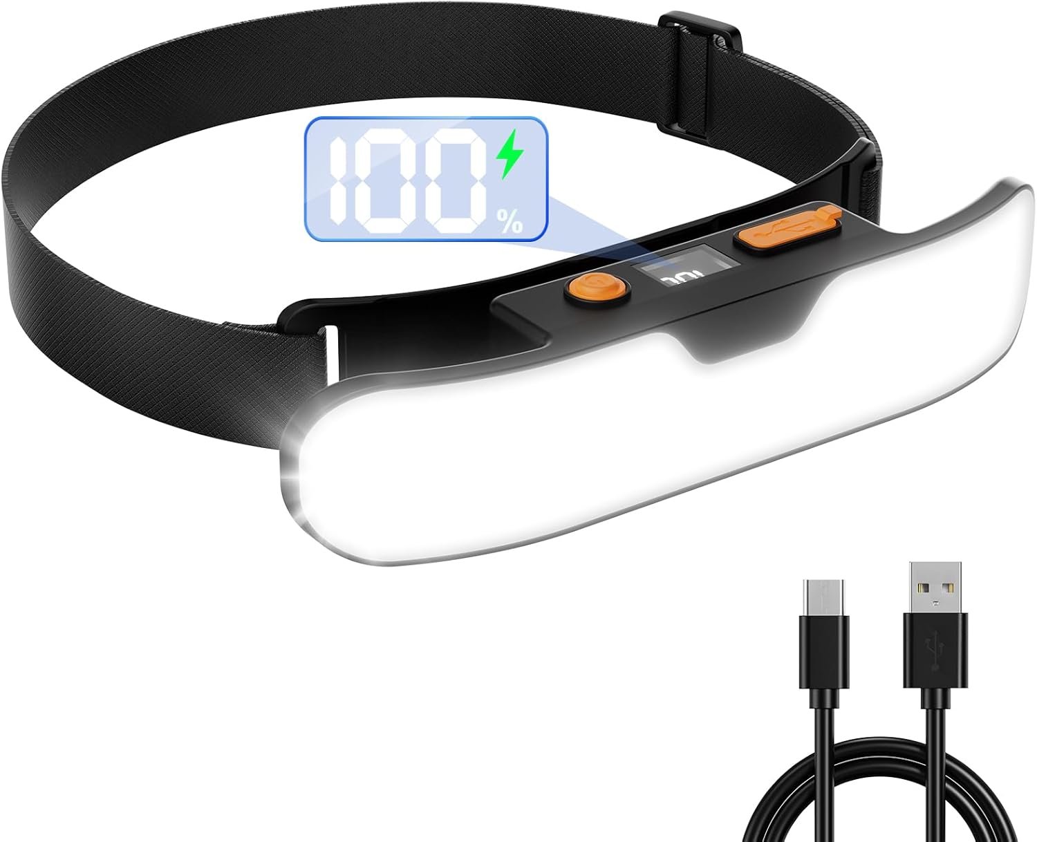 Lampe frontale rechargeable, lampe de tête LED à faisceau large de 230 ° avec affichage numérique d'alimentation, inclinaison réglable à 90 ° et lampe de poche étanche IPX5 pour le camping, la randonnée, la course, la réparation, la pêche