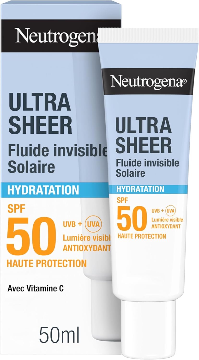 Fluide Solaire Invisible Ultra Sheer Hydratation SPF 50 UVB + UVA (50 ml) – Crème solaire visage antioxydante avec vitamine C – Sec au toucher et absorption rapide, hydratation 24h