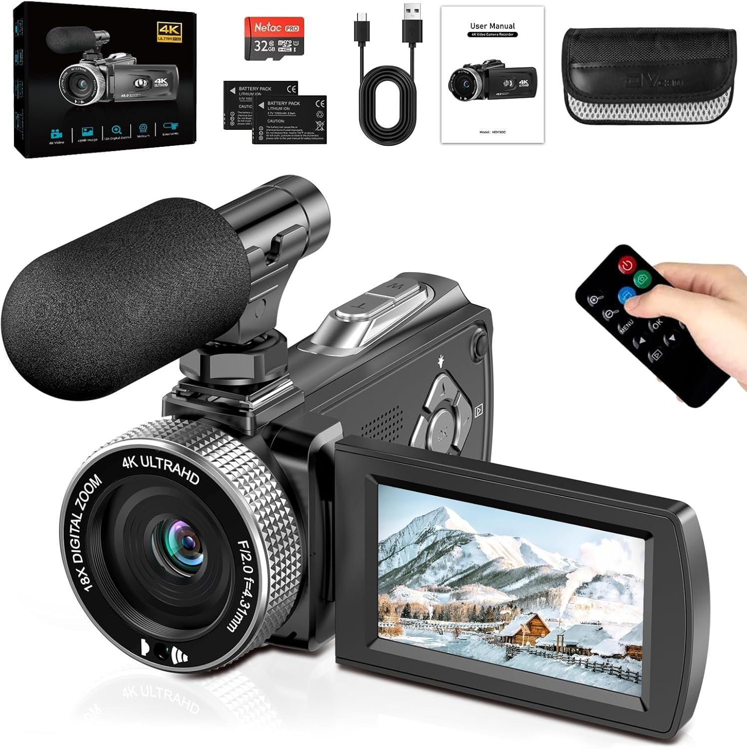 Caméscope 4K 48 MP, Caméra Vidéo avec Zoom Numérique 18X, Caméra de Vlog Webcam pour YouTube, Écran Rotatif 3" 270°, Video Camera avec Carte 32 Go, 2 Batteries, Microphone Externe et Télécommande
