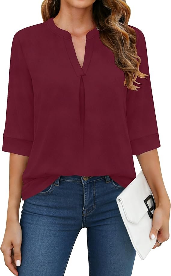 Chemise Femme à Manche 3/4 Col V Tee Shirt Long Base Chemisier et Blouses Chic et Élégant Haut