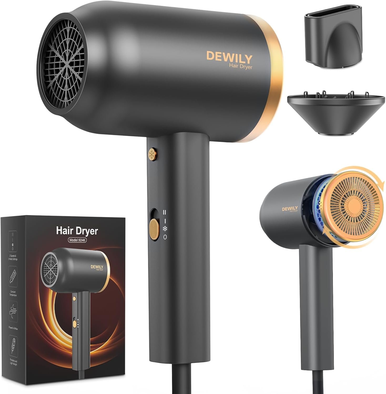 Sèche-cheveux ionique avec diffuseur - 1800W Séchage rapide, bouton chaud/froid, 3 températures, 2 vitesses, concentreur, fonction pour boucles，diffuseur thermostatique,Or et Noir