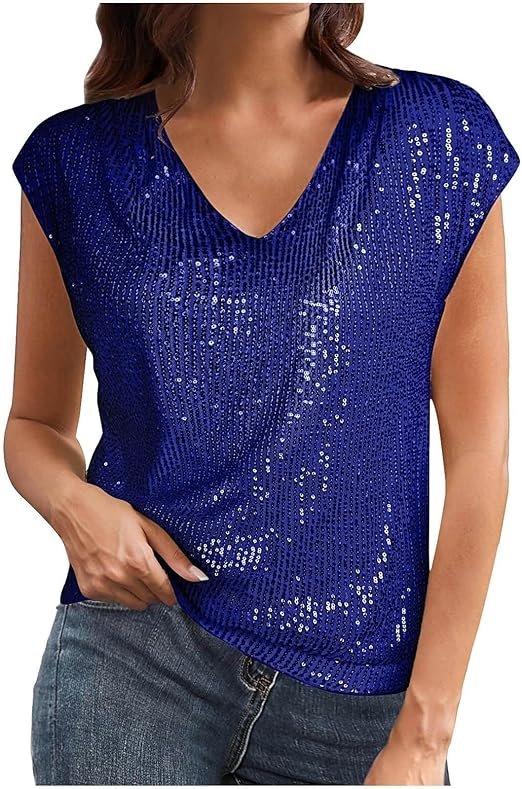 Haut Paillettes Femme Soirée Sexy Brillant Col en V Débardeur Chic Et Elegant Tunique Blouse sans Manches