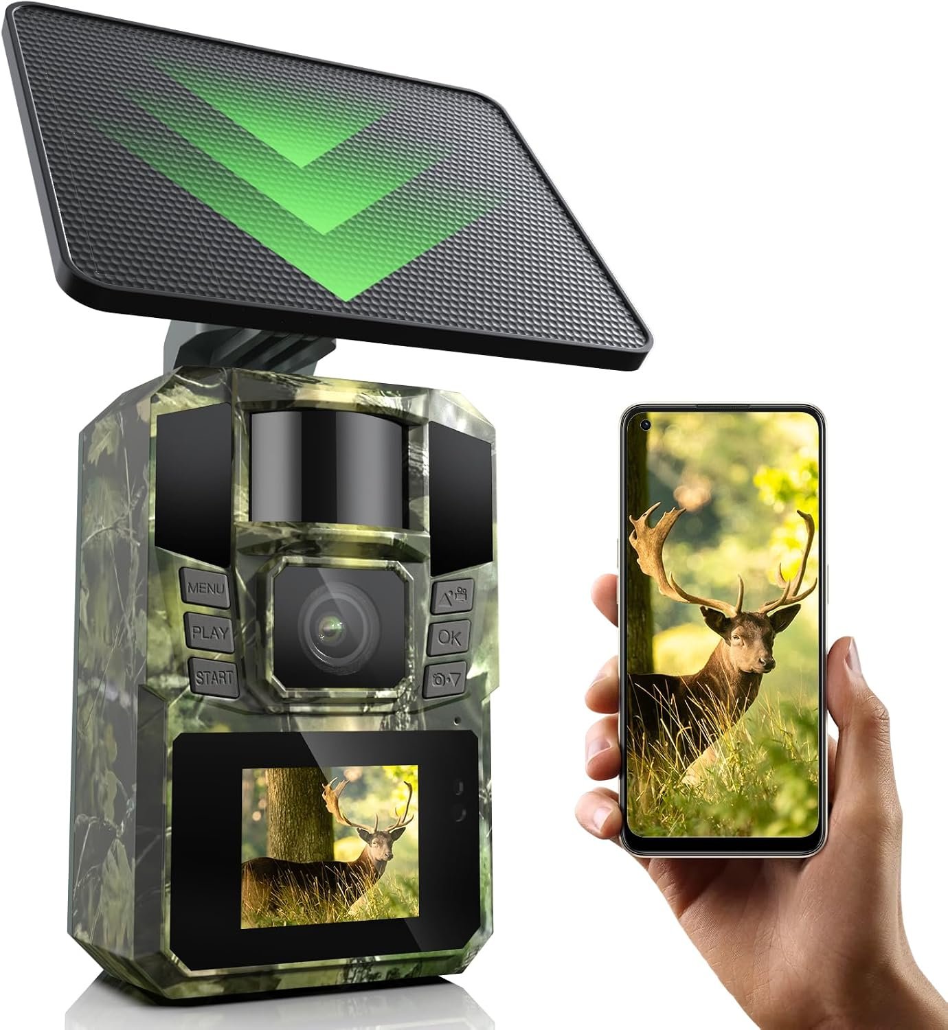 WiFi Solaire Camera de Chasse 4K 48MP Caméra de Chasse Connectée au Téléphone Infrarouge Vision Nocturne, Piege Photographique avec 5200 mAh Batterie Rechargeable, IP65 (Carte SD Non Incluse)
