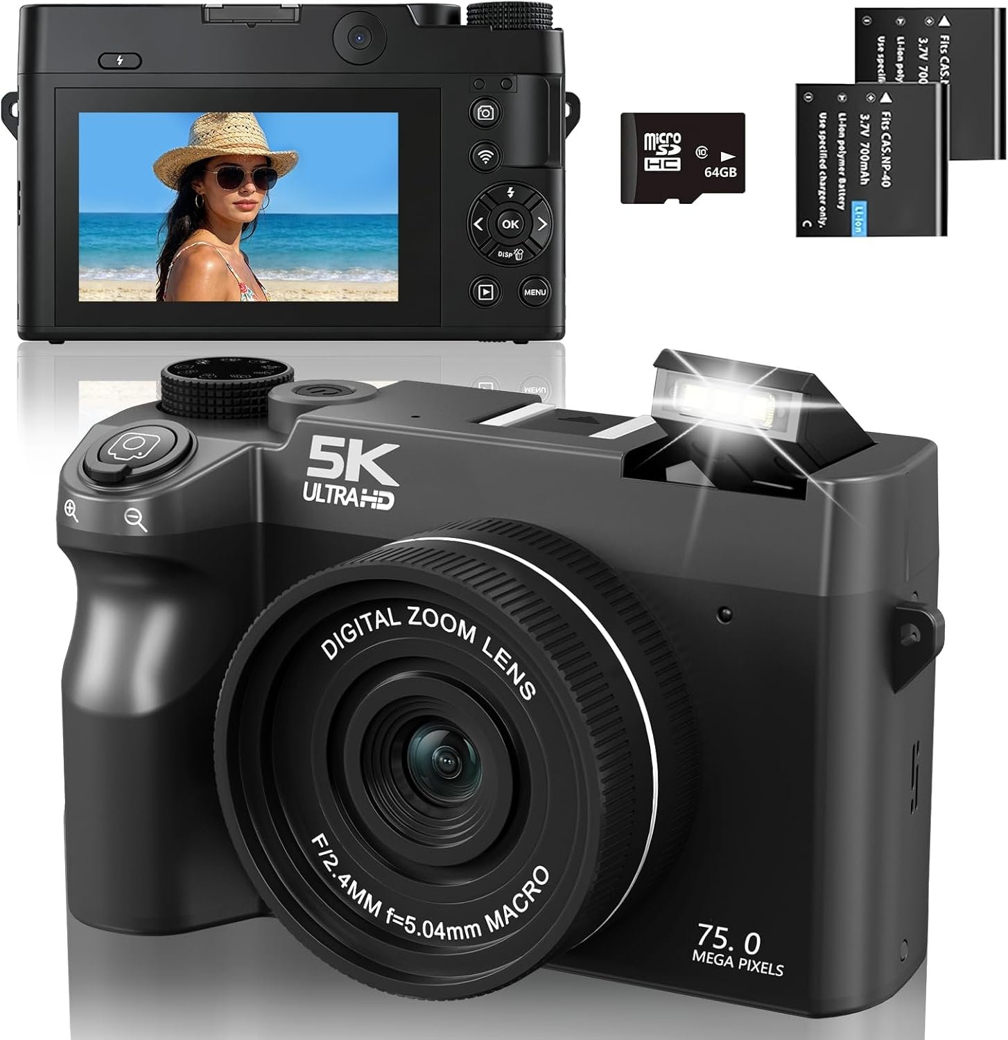 Appareil Photo Numérique 5K 75 MP pour Vlogging avec Wi-FI, Appareil Compact doté avec Écran 3", Camera pour Vlog avec Carte 64GB, 18X, Autofocus,2 Batteries