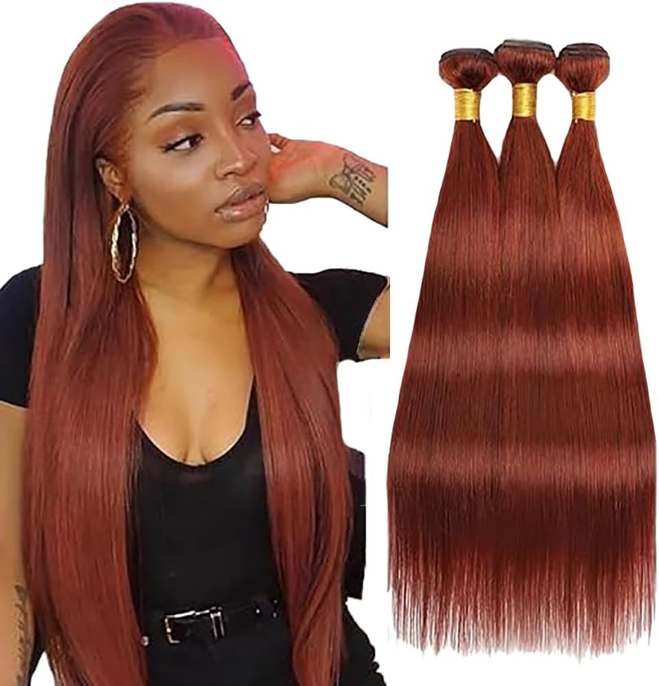 Human Hair Bundles Straight Tissage Naturel Cheveux Humain Unprocessed Remy en lot Meches Weave Extensions Double Weft #33 Reddish Brown 22 24 26 Pouces