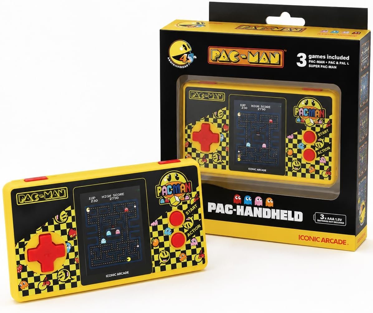 Console de Jeu Portable PAC-Man Édition Pocket – Mini Arcade Rétro avec 3 Jeux Classiques Inclus – Version Originale – Console de Poche pour Enfant & Adulte (Voyage) – Jaune