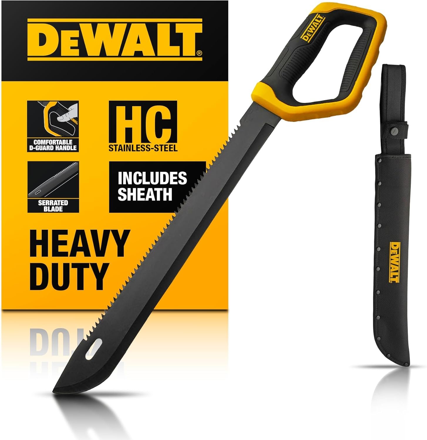 DEWALT 21 Inch MA61 D-Guard Machete - Full Tang Stainless Steel Blade with Saw Back & Protective D-Guard Non-Slip TPR Handle with Nylon Sheath for Brush Clearing, Yard Work, Camping and Outdoor Use