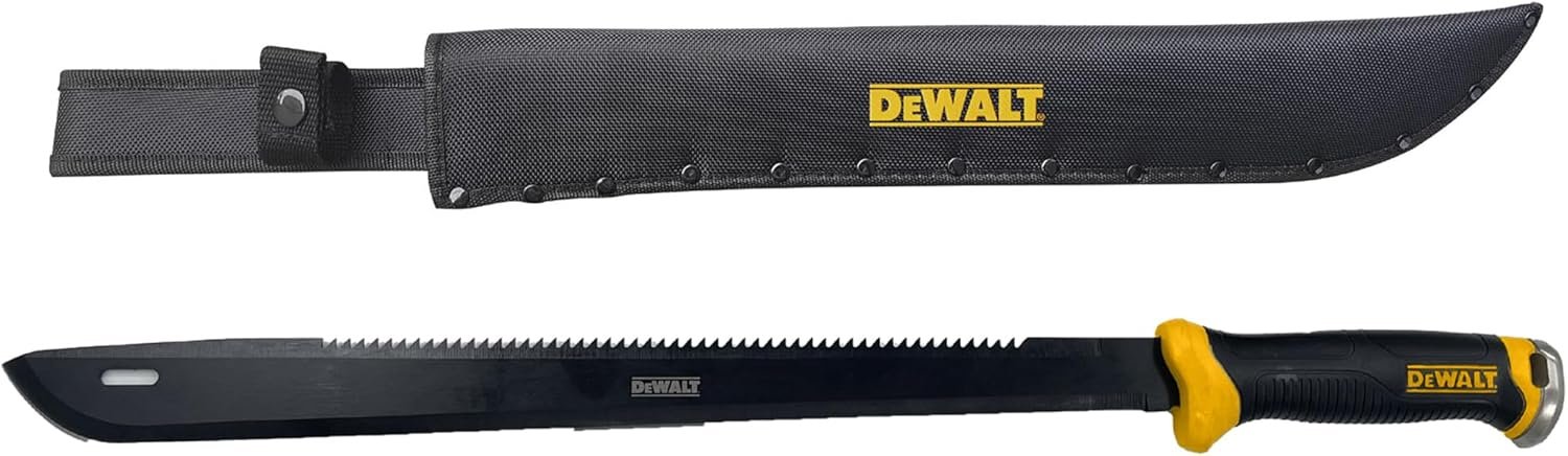 DEWALT 24 Inch MA60 Field Machete - Full Tang Stainless Steel Blade with Saw Back Construction & Non-Slip TPR Handle with Nylon Sheath for Brush Clearing, Yard Work, Camping & Outdoor Use
