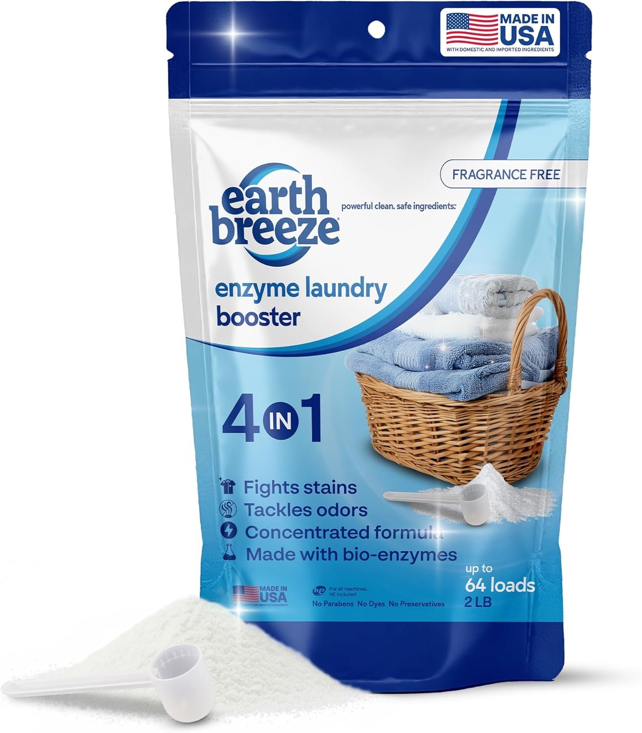 Earth Breeze Enzyme Laundry Booster Powder – 2lbs (64 Loads) - Formule 4-en-1 Bio-Enzyme Deep Cleans, Tacks Odors, Fights Stains and Brightens Whites - No Harsh Chemicals – Made in USA