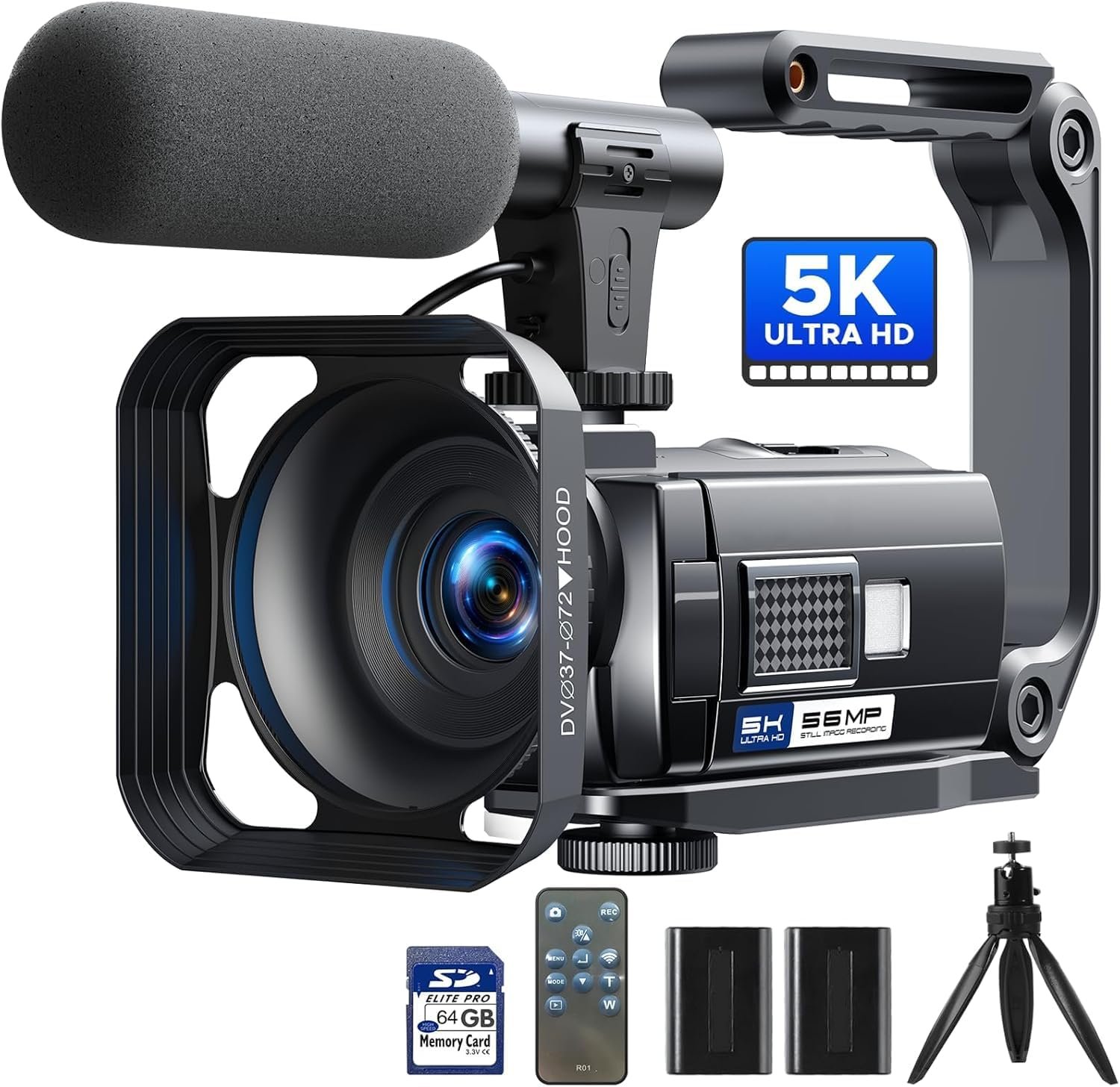 Caméscope 5K 56MP Vidéocaméra YouTube, Kit Complet avec Microphone Trépied Stabilisateur, Vision Nocturne WiFi Webcam, Zoom numérique 16X, Caméra Vlog avec Carte SD 64GB, 2 Batteries, télécommande