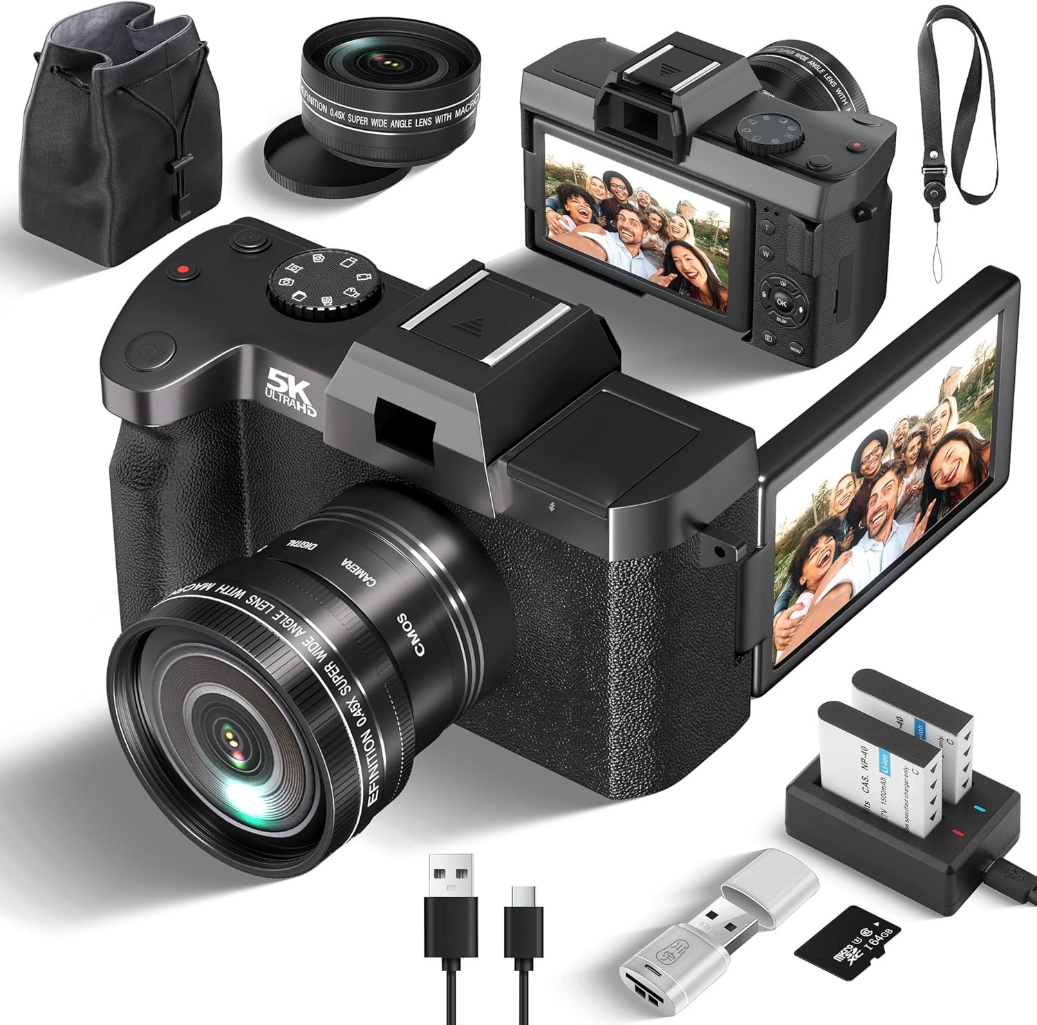 Appareil Photo Numérique 5K-64 MP Grand Angle, Écran orientable 180° 3 Pouces,WiFi, Zoom numérique 16x, Carte SD 32 Go et 2 Batteries Li-ION, Léger et Portable
