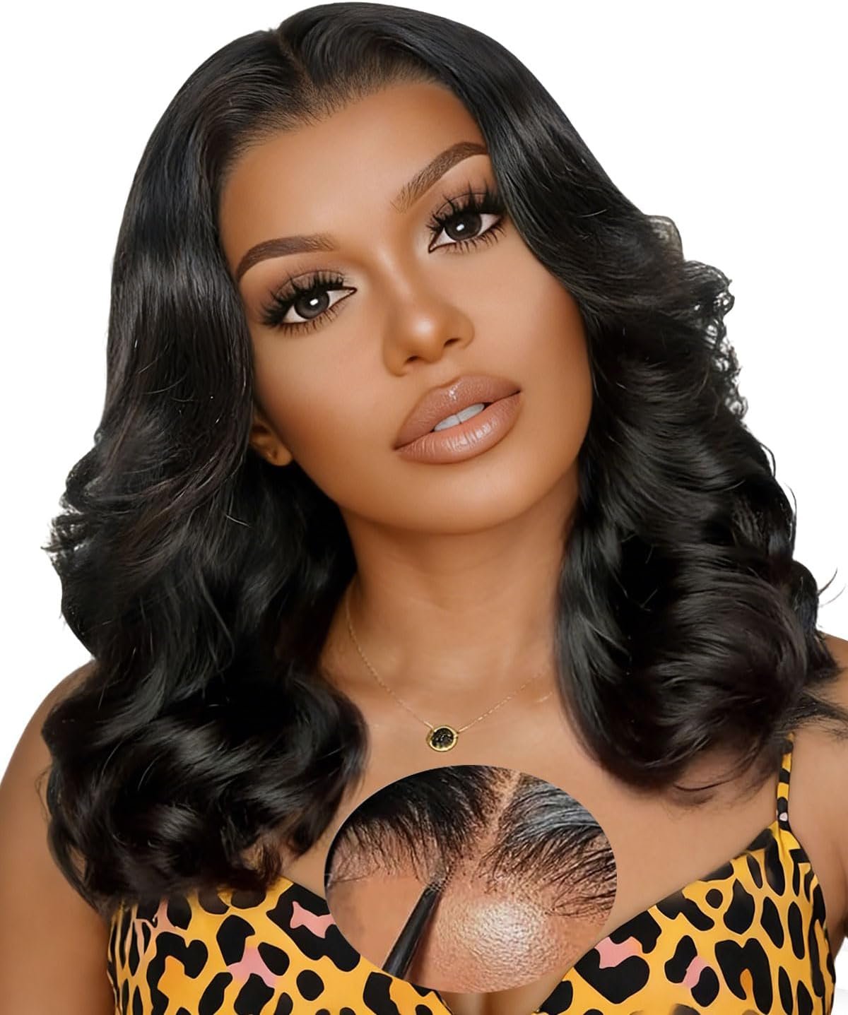 Perruque Cheveux Humain Bob 6x6 Body Sans Colle Curtain Bangs 14 Pouces Couleur Natural Colo