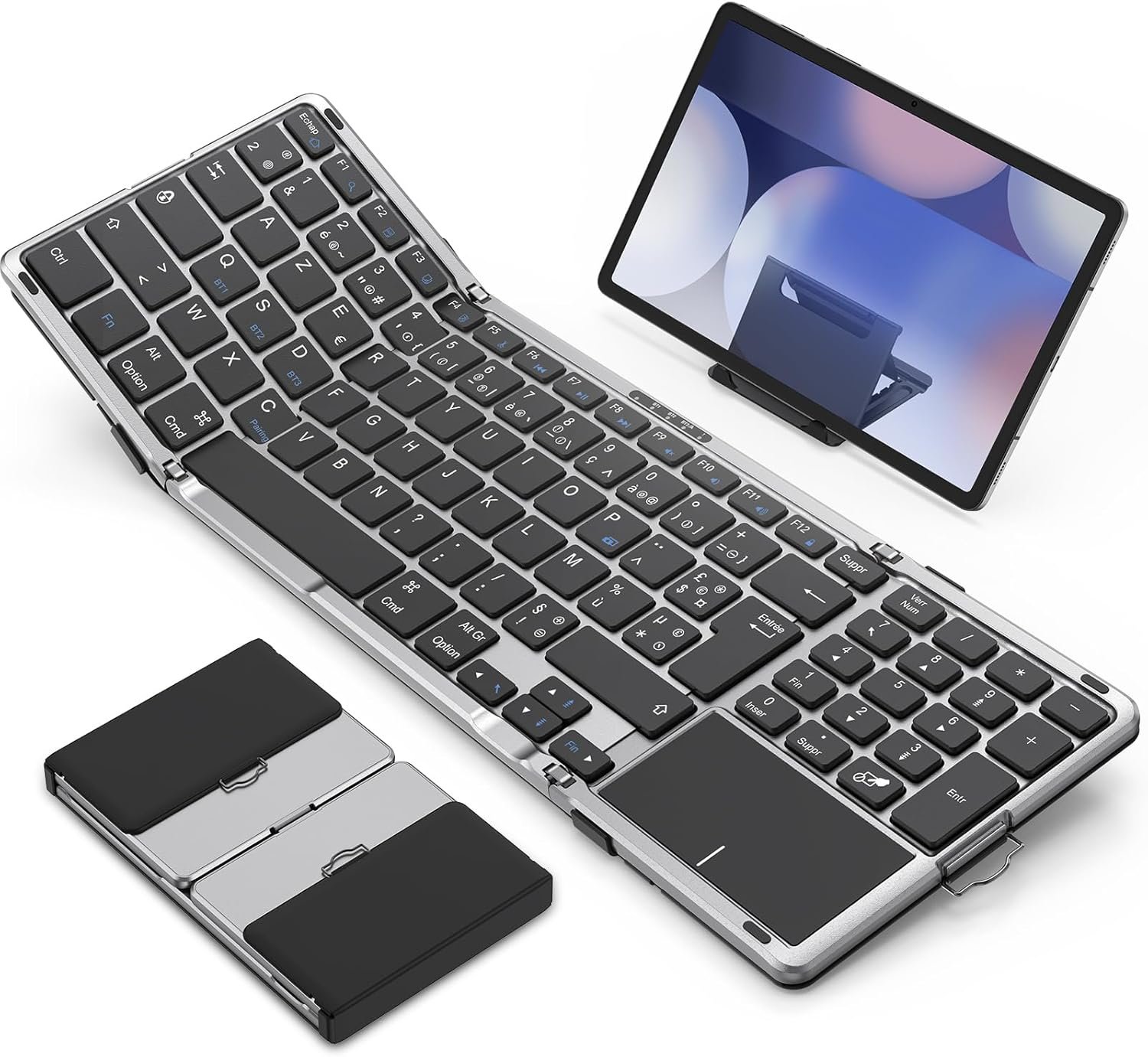Clavier sans Fil Pliable avec Pavé Tactile et Pavé Numérique, Clavier Bluetooth AZERTY Rechargeable, Multi-appareils, Portable Keyboard pour PC Tablette iPad Windows Mac Android