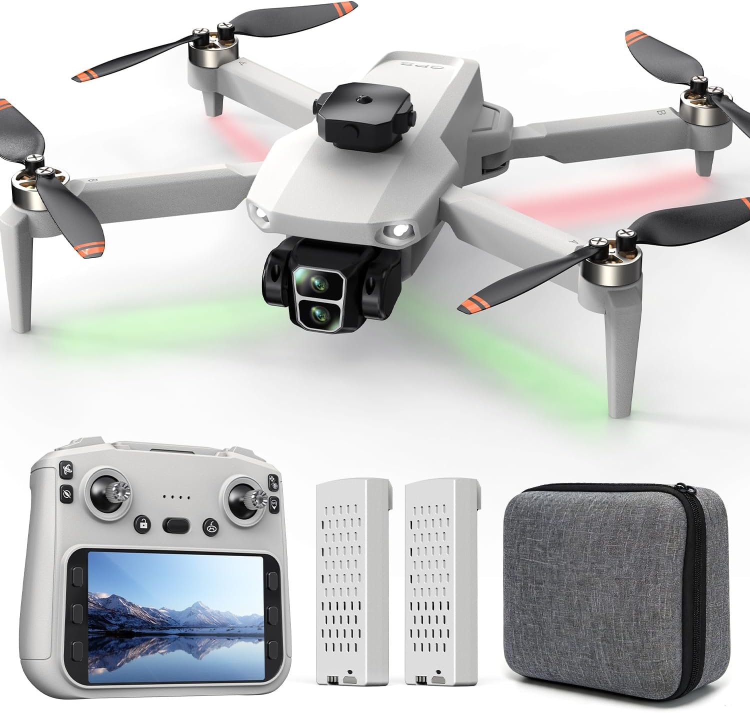 Drone GPS avec écran HD 4,3" Intégré et Caméra 4K pour Adultes Débutants | Sans téléphone ni application, 32 min d’autonomie, retour GPS, flux optique, 2 batteries et mallette, modèle pliable