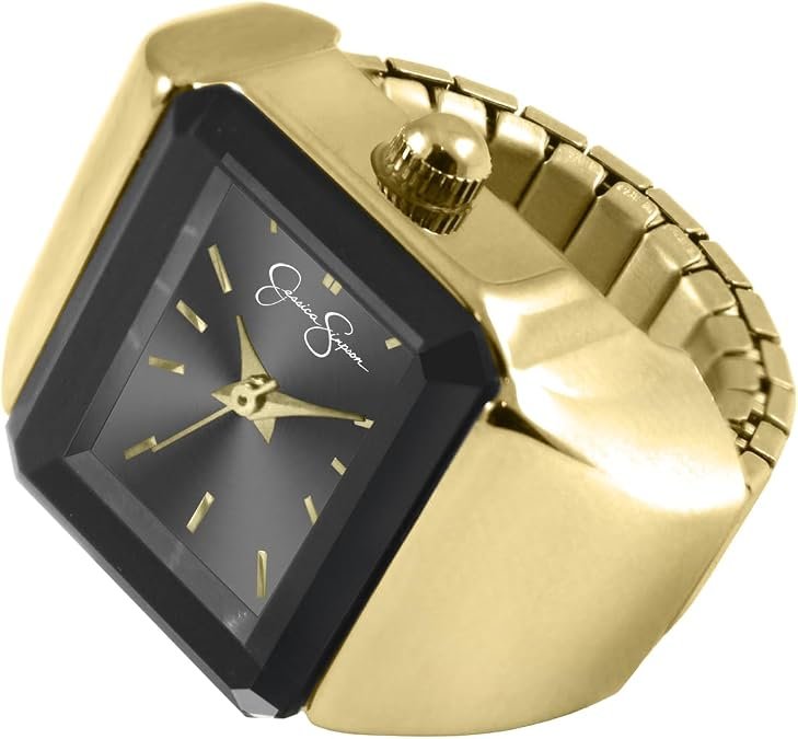Jessica Simpson Women's Gold Ring Watch – Rectangular Black Sunray Dial, Crystal Accents, Stretch Expansion Band, Quartz Analog Fashion Accessory