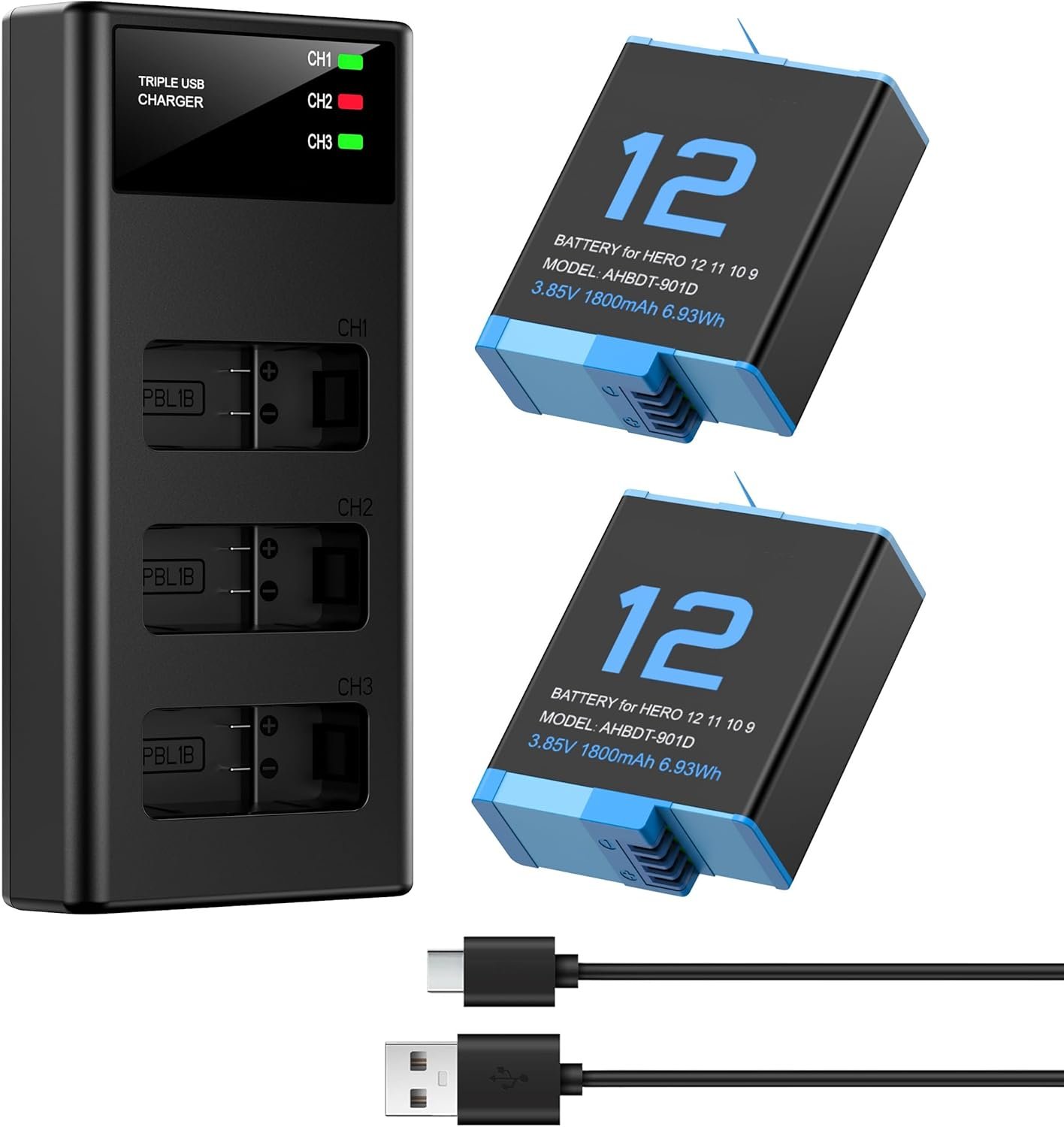 Triple Chargeur Kit - 2 Batteries Lithium-ION pour Hero 12/11/10/9 Black (Pack Complet: Chargeur 3 canaux + 2 Batteries)