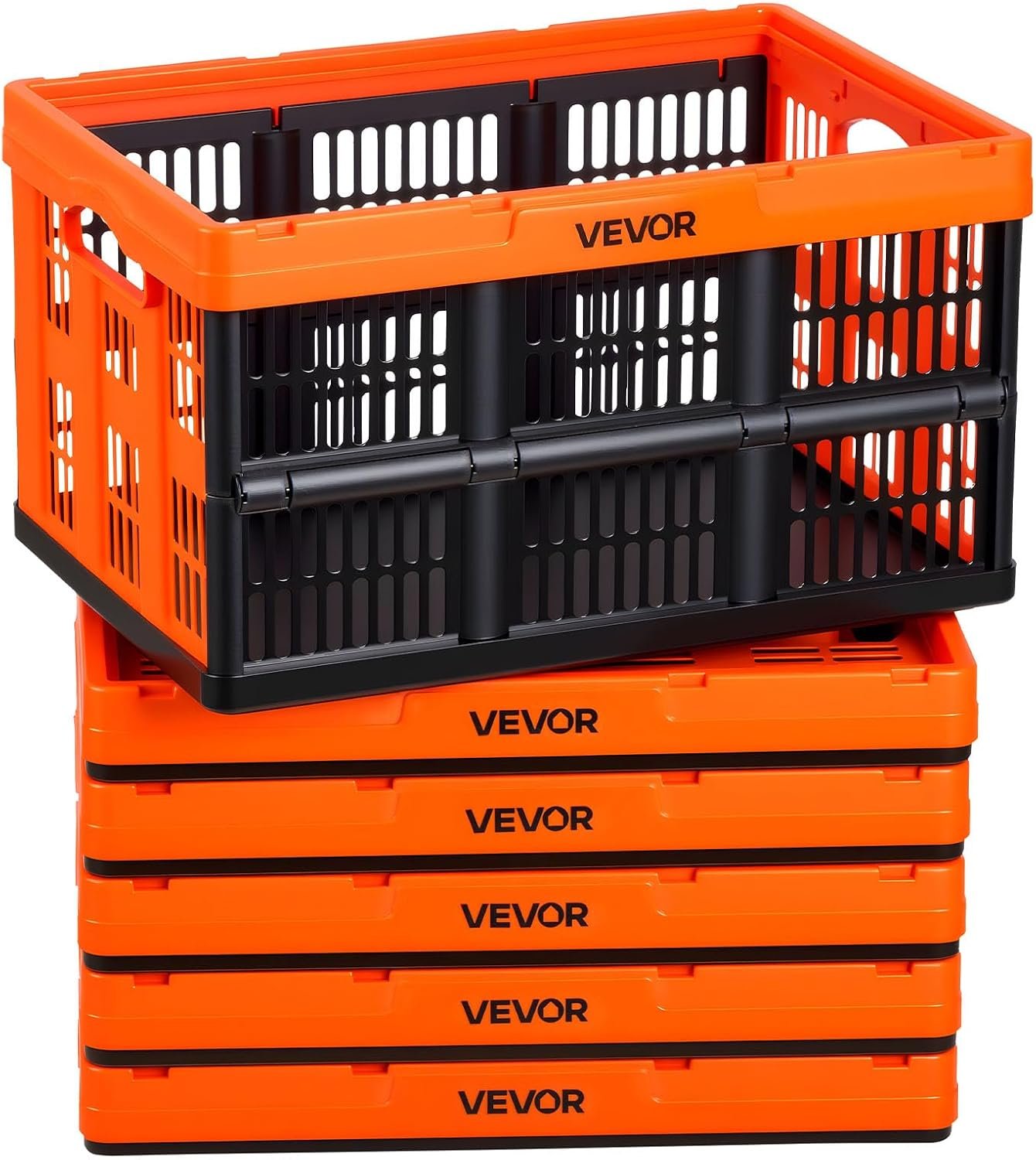 VEVOR Plastic Collapsible Storage Bins, 45L 6 Packs, Stackable Folding Storage Crates with Handles, Holds 33 lbs Per Bin, Foldable Heavy Duty Containers, Space-Saving Baskets, for Home Organizing