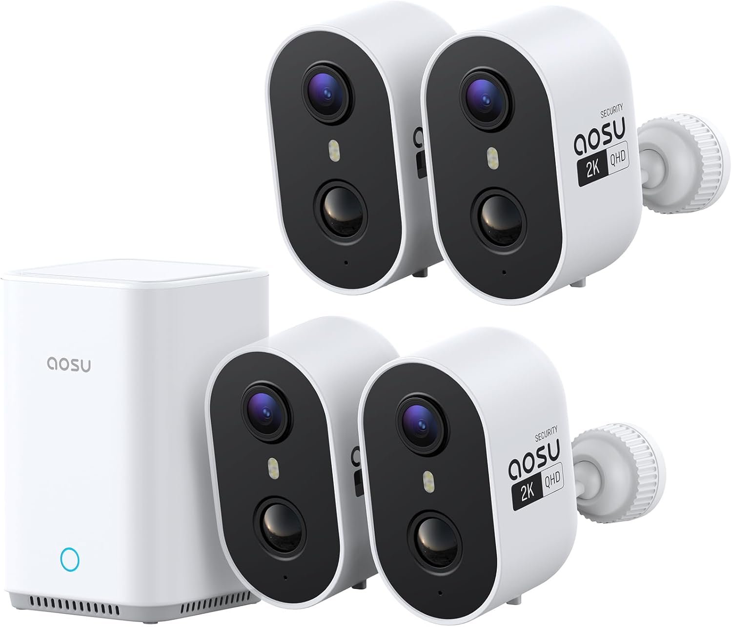 Caméra Surveillance WiFi Extérieure sans Fil 2K, Kit 4 Caméras | aosuBase 2.0 32 Go, Sans Abonnement Requis, Extensible jusqu’à 1 To, Vision Nocturne Couleur, IA PIR Personnes/Véhicules