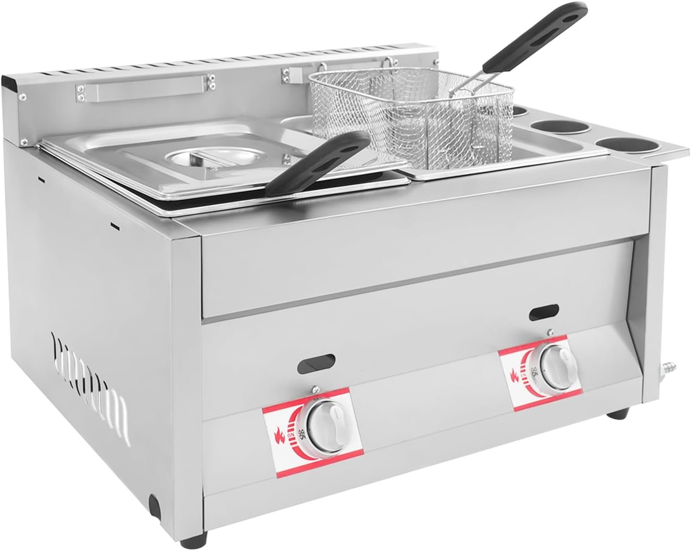Friteuse à gaz commerciale, double réservoir 10 l + 10 l, en acier inoxydable, avec 2 paniers à friture et couvercle, température réglable, pour restaurants