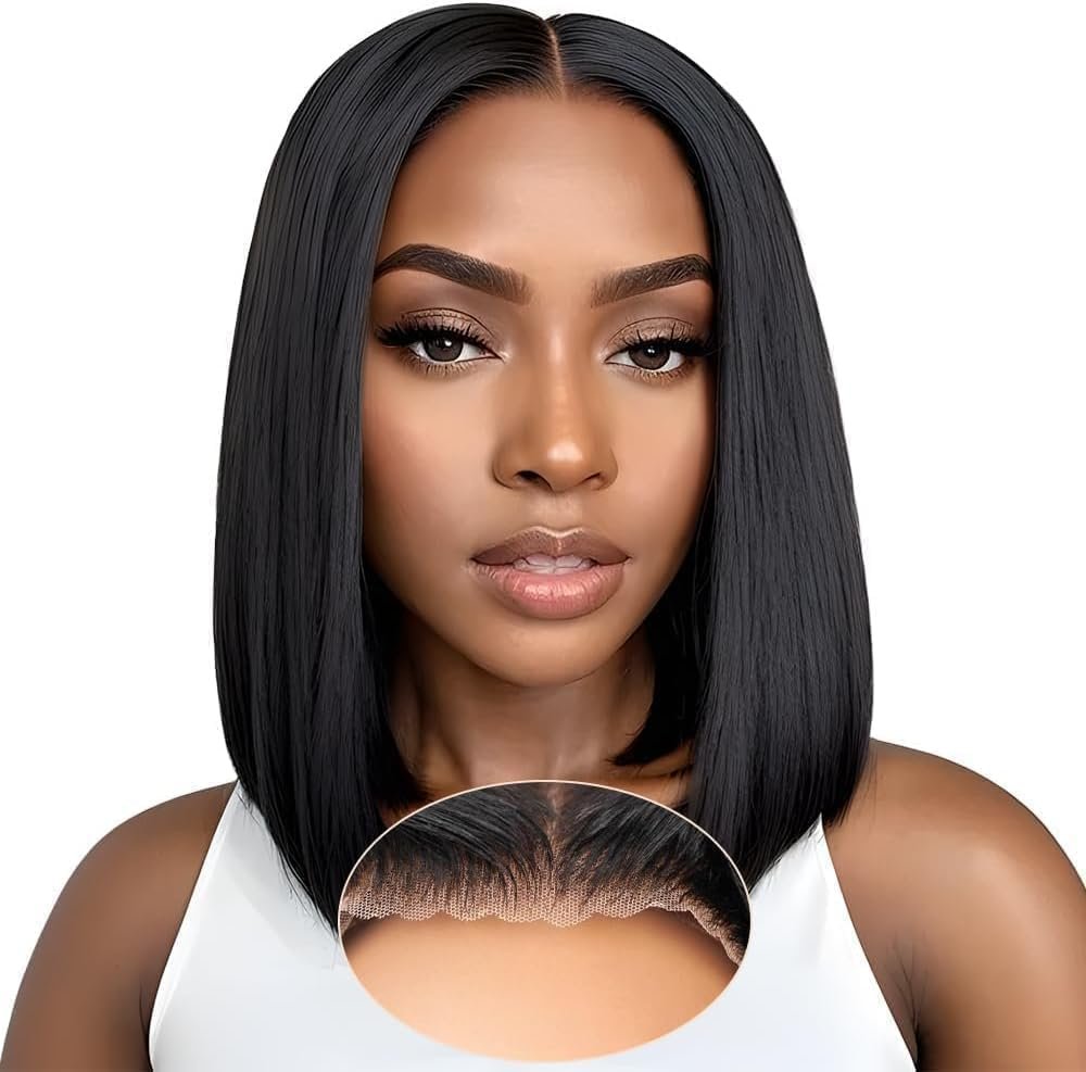 Perruque Bresilienne Cheveux Humain 4x4 Bob Perruque Femme Naturelle Straight Sans Colle Cheveux HD Lace Wear and Go Glueless Wig Plucked Pre Cut Naturel Humaine 12 Pouces