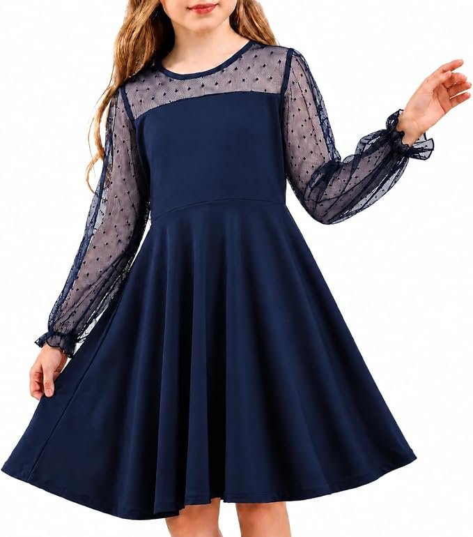Robe mi-longue pour fille, coupe évasée, en tulle, manches longues – idéale pour mariage, anniversaire, remise de diplôme, fête au jardin ou bal (5-14 ans)