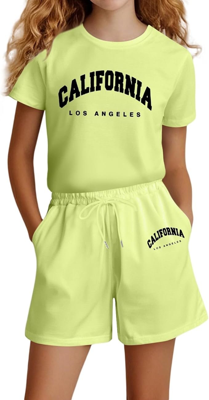 Ensemble Enfant Fille été a la Mode Mignon Tee Shirt Manche Courte Et Short Taille Elastique Ample