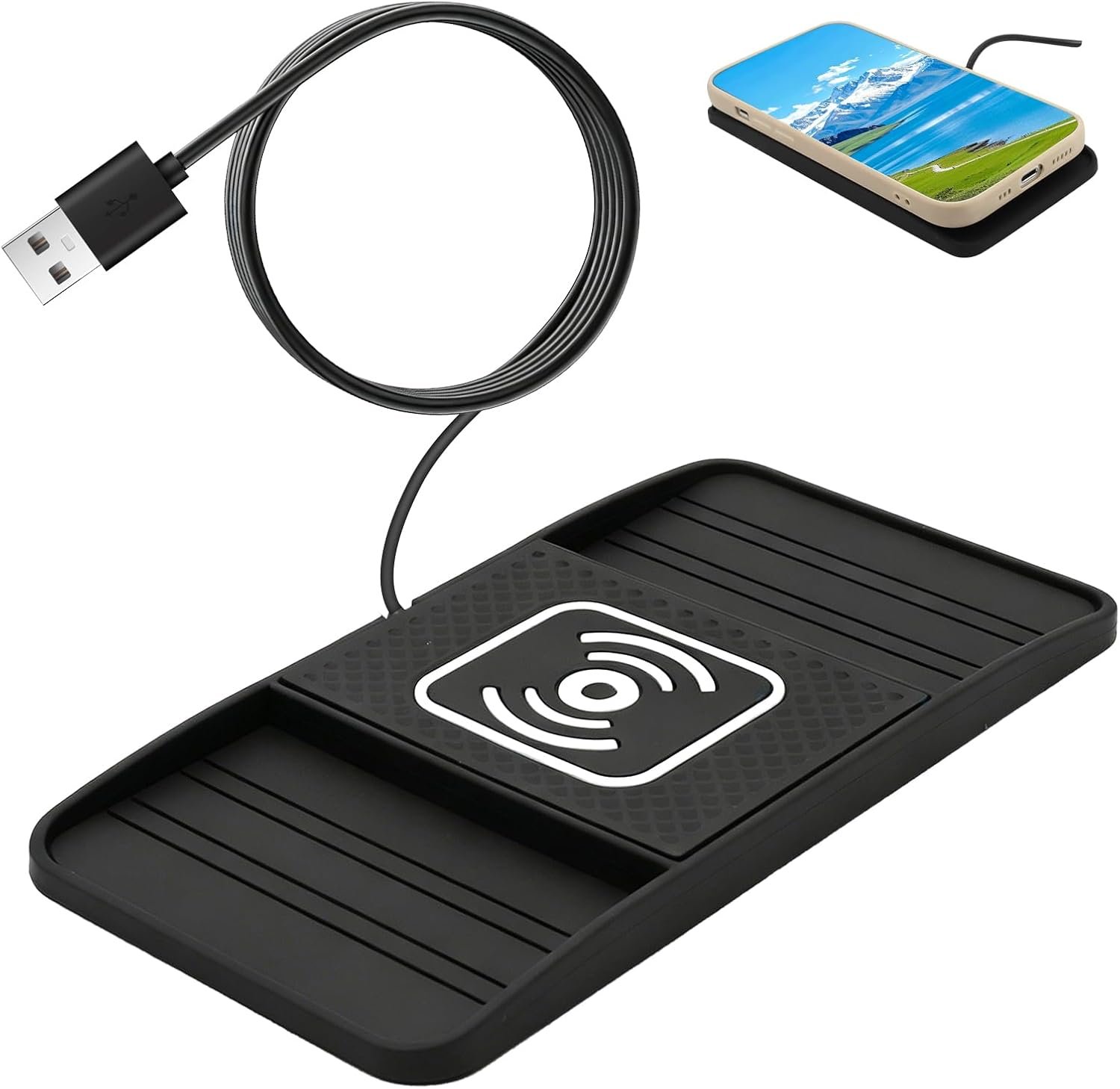 15W Chargeur Voiture Induction Rapide USB Chargeur sans Fil Voiture avec Design à Double Encoche Tapis de Charge Rapide Antidérapant avec USB Câble 1M pour iPhone17 16 15 14 13 12 11 X SamsungS24/S23