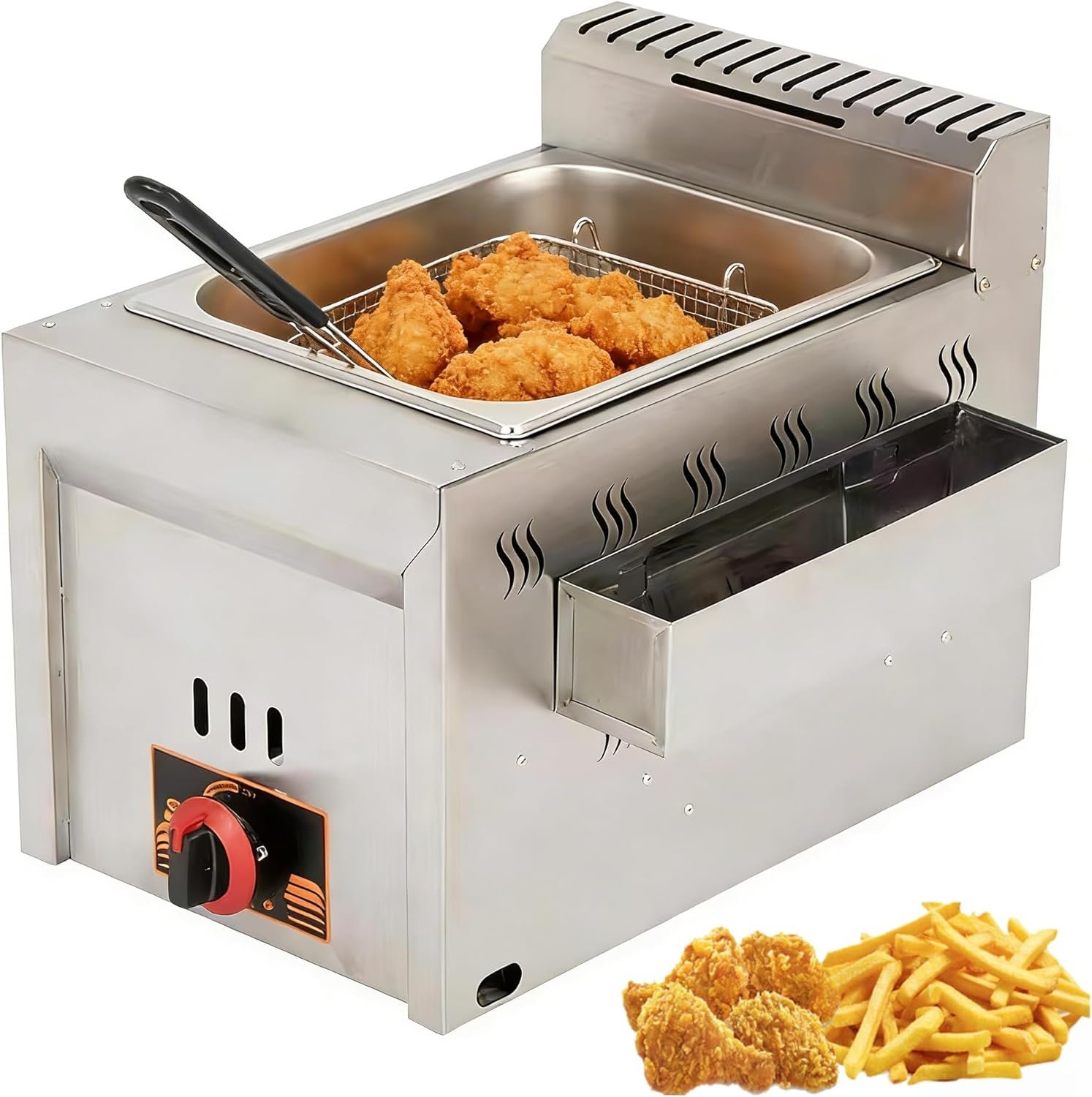 Friteuse à gaz professionnelle, friteuse à huile 8 l, acier inoxydable de qualité alimentaire, panier et couvercle en maille métallique renforcée, panier amovible, pour cuisines