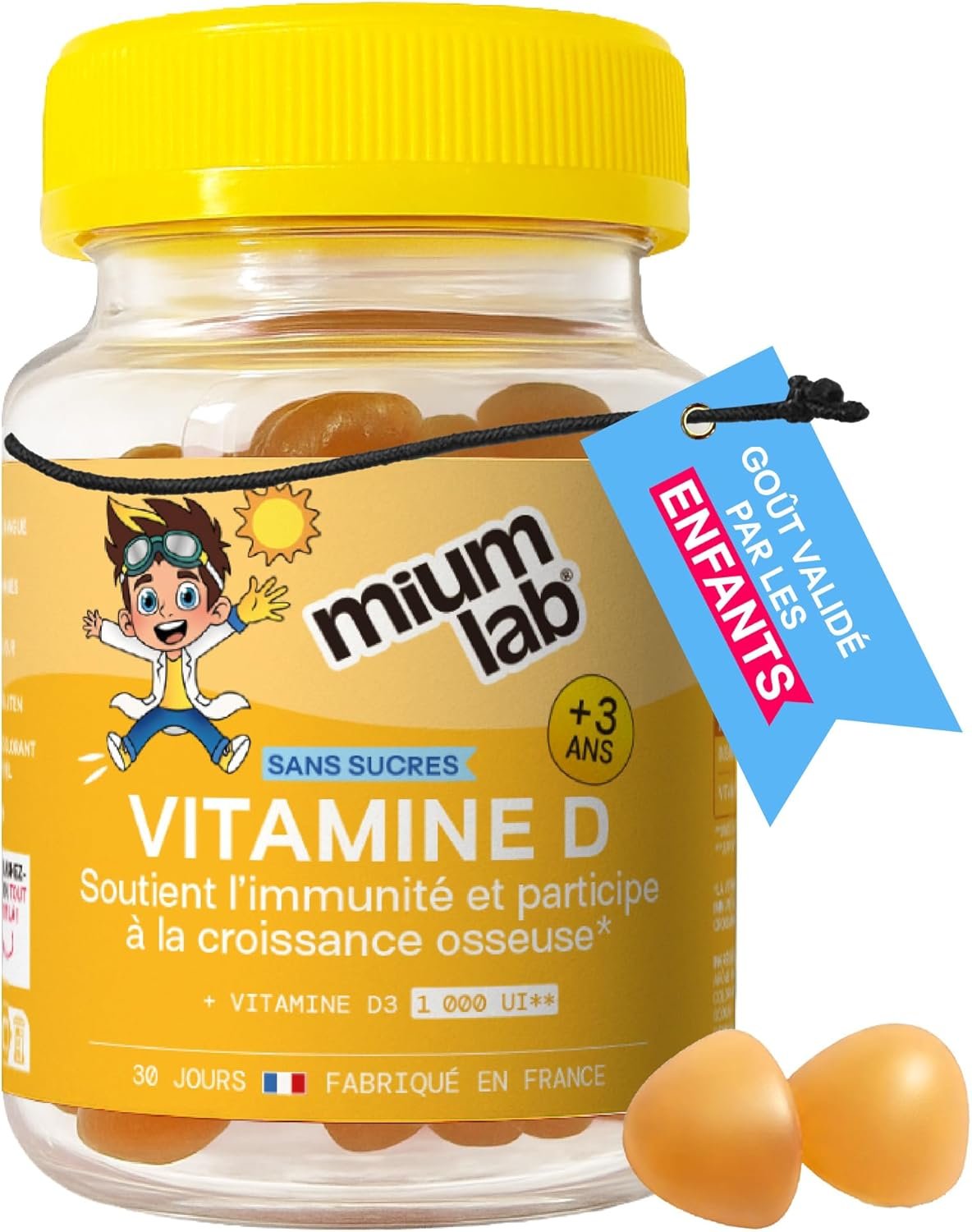 Gummies Vitamine D3 Enfant Végétale – 1000UI (25µg) – Immunité, Croissance Osseuse & Défenses Naturelles – Sans Sucres – Goût Mangue – Complément Alimentaire Enfant – Dès 3 ans – 30 Jours