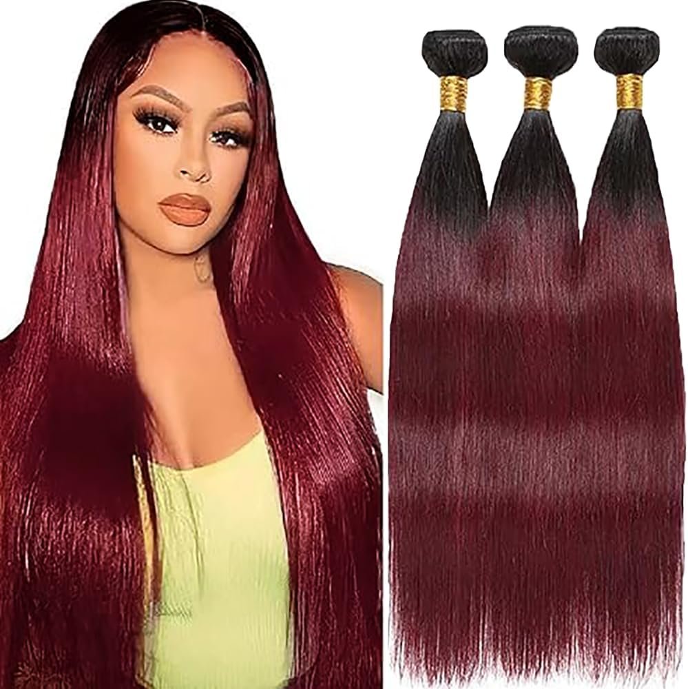 Cheveux Humain Human Hair Extensions Tissage Cheveux Natural Ombre Burgundy Double Weft Unprocessed 3 Bundle 26 28 30 Zoll Couleur #1B99J-S