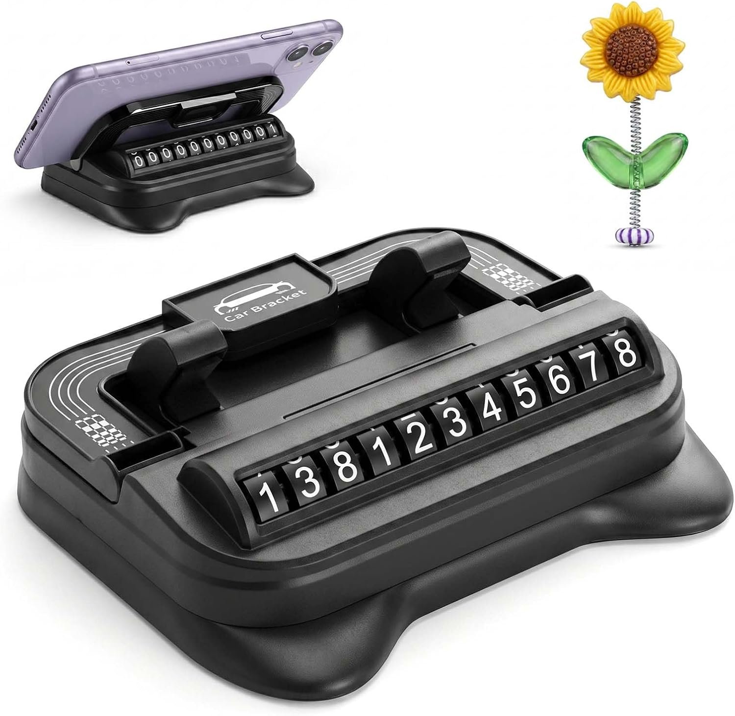 Support Téléphone Voiture 360° Pivotant avec Pince Numéro Parking Support Smartphone Voiture Universel, Compatible Jusqu'à 13mm, Base 360° Pivotante, avec Décoration Tournesol