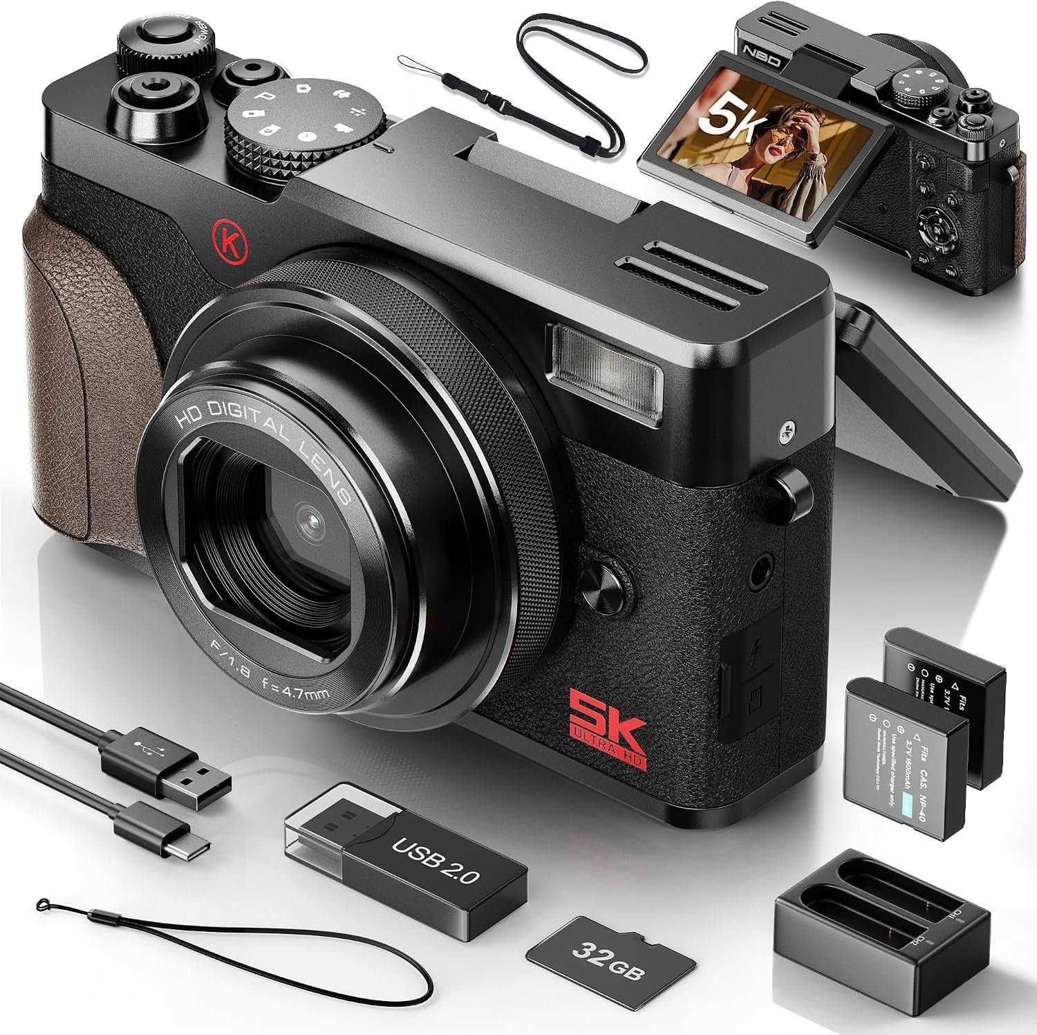 Appareil Photo 5K 64MP, Autofocus, Zoom Numérique 18X, Noir | Écran 3" 180°, 2 batteries, carte 32Go, objectif F1.8, 4K/60FPS, mode macro