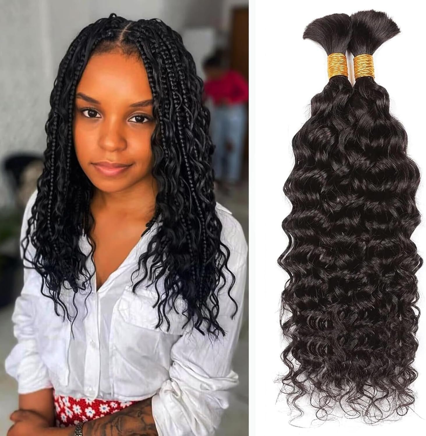Lot de 2 extensions de cheveux humains ondulés pour tresser - 100 g - 100 % cheveux humains brésiliens non transformés - Sans trame - Couleur naturelle - 35,6 cm - 100 g