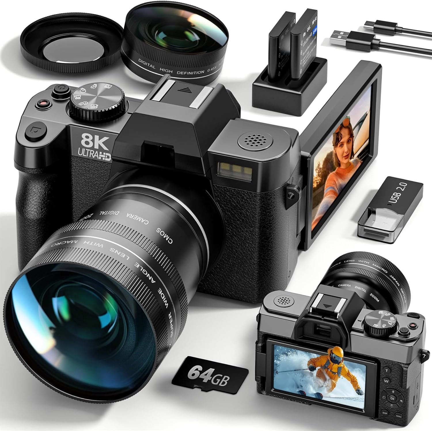 Appareil Photo numérique 8K, caméra de vlogging 64MP, caméra de vlogging Youtube contrôlée par WiFi et Application, Appareil Photo Compact avec Carte TF 64 Go, objectifs Grand-Angle et Macro