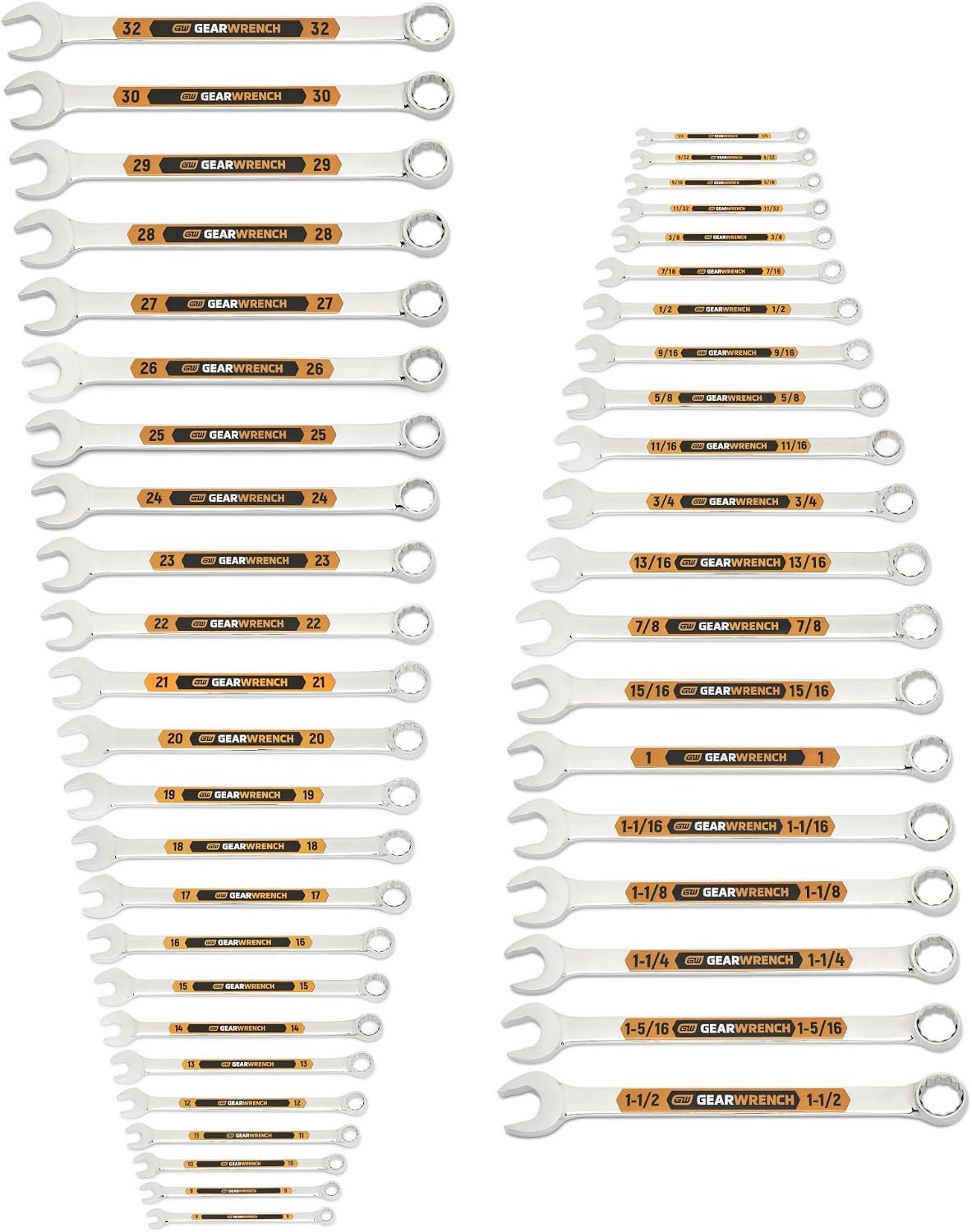 GEARWRENCH 44 Piece 12 Point SAE/Metric Hi-Viz Long Pattern Combination Wrench Set | 81919H
