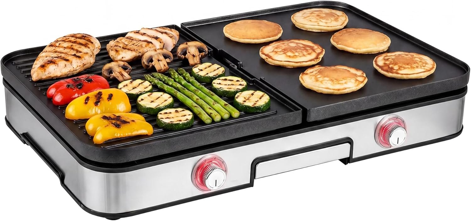 Grill Électrique 2000 W, Barbecue Plancha Électrique avec 2 Plaques Réversibles, Réglage Individuel de la Température, Bac à Graisse Lavable pour Maison, Balcon, Camping