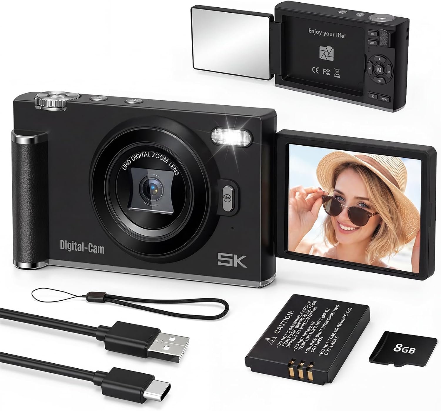 Appareil Photo 5K 56MP, Écran Rabattable et Miroir pour Selfies Compact Nior