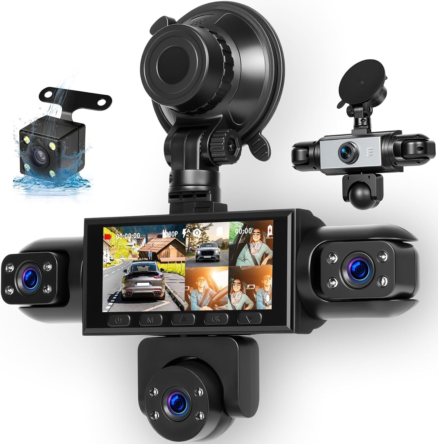 Caméra embarquée 5 canaux 1080P Avant arrière intérieur, écran IPS 3,16" Dashcam Voiture 360 Degrés, surveillance de stationnement 24 heures, capteur G, enregistrement en boucle, installation facile