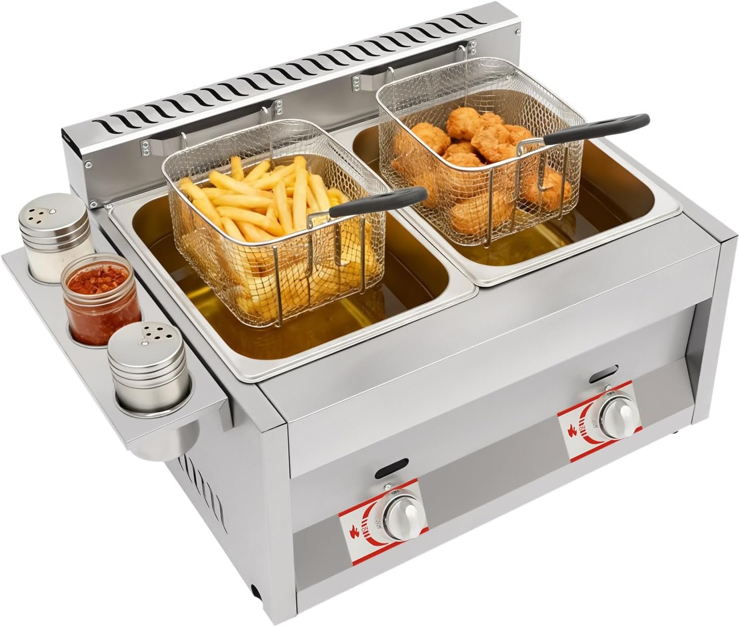 Friteuse à gaz, 60,3 x 46 x 33,5 cm, double réservoir commercial, en acier inoxydable, friteuse professionnelle avec paniers filtrants, couvercle, zones froides, pour restaurant