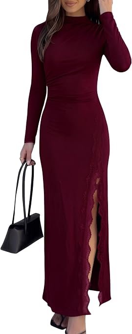 Femmes Mock Neck à manches longues Bodycon Maxi Robe