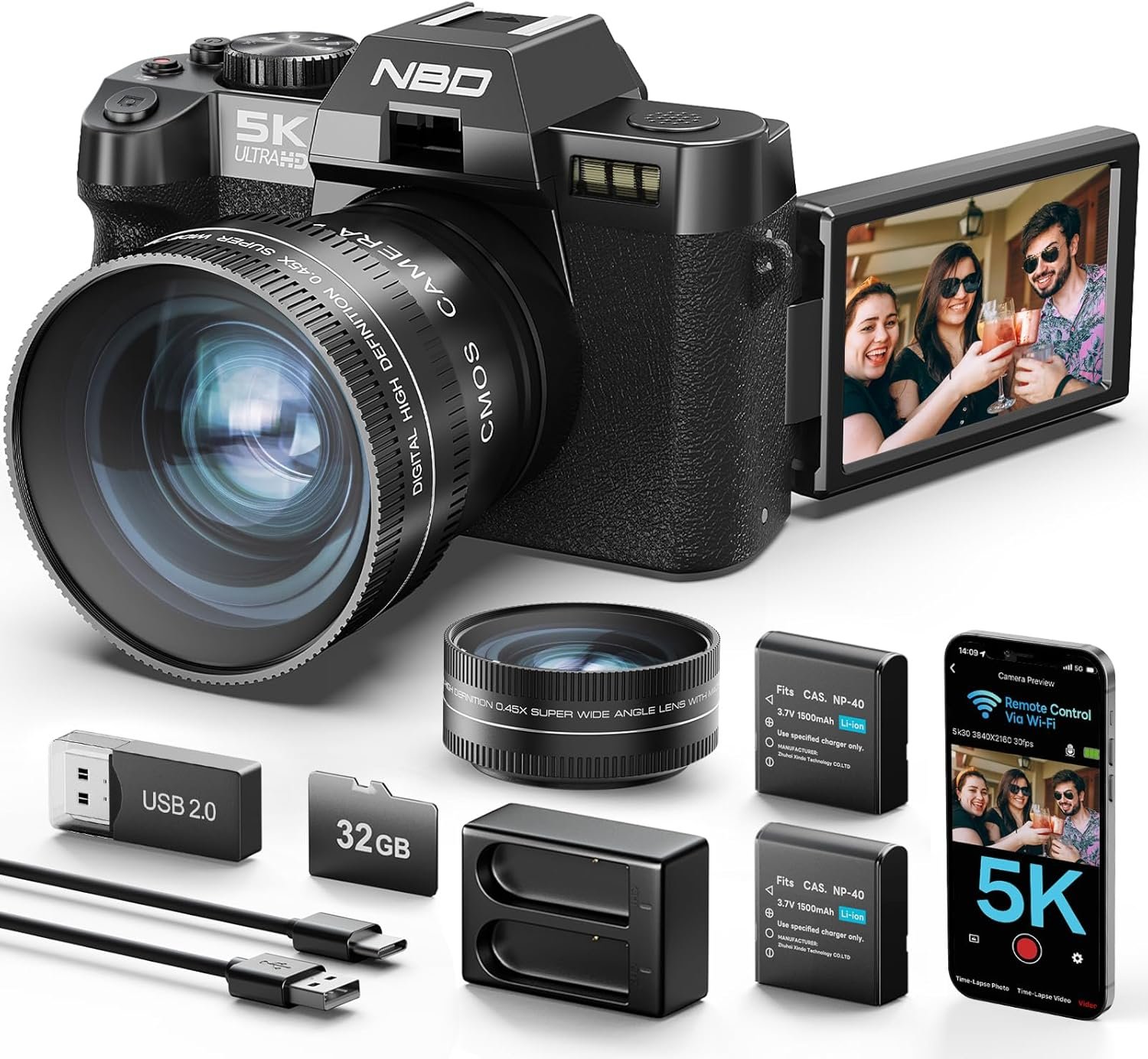 Appareil Photo 5K 64MP, Autofocus, Zoom Numérique 16X, Noir | Écran 3" 180°, WiFi, Grand Angle/Macro, 2 Batteries, Carte 32Go, Vlog, Voyage, Débutants